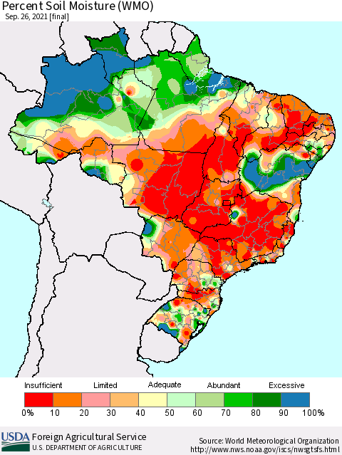 Brazil Percent Soil Moisture (WMO) Thematic Map For 9/20/2021 - 9/26/2021
