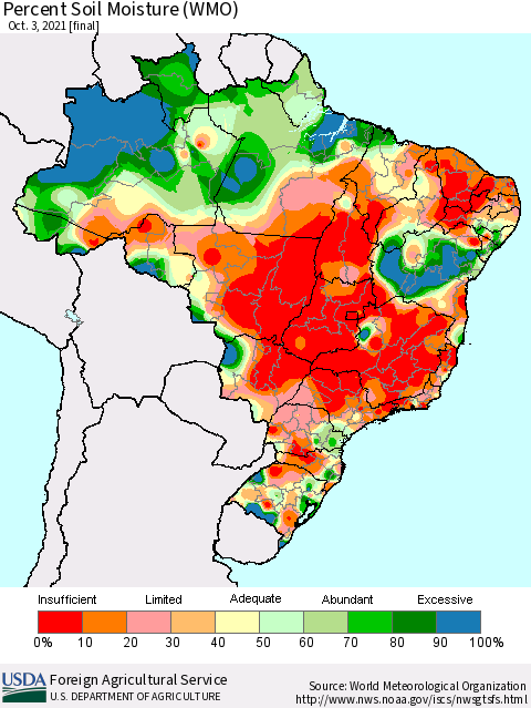 Brazil Percent Soil Moisture (WMO) Thematic Map For 9/27/2021 - 10/3/2021