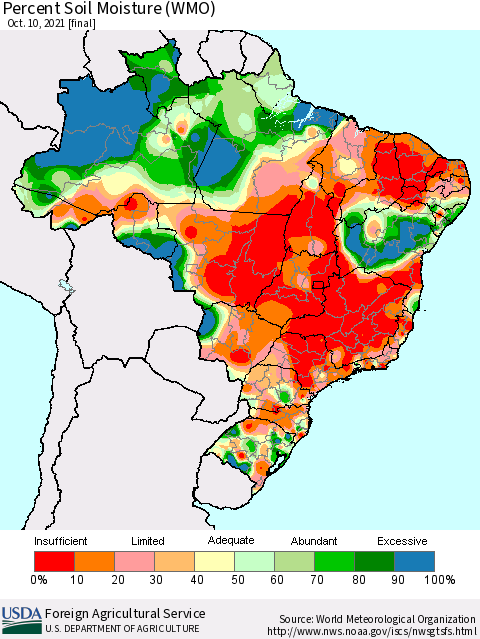 Brazil Percent Soil Moisture (WMO) Thematic Map For 10/4/2021 - 10/10/2021