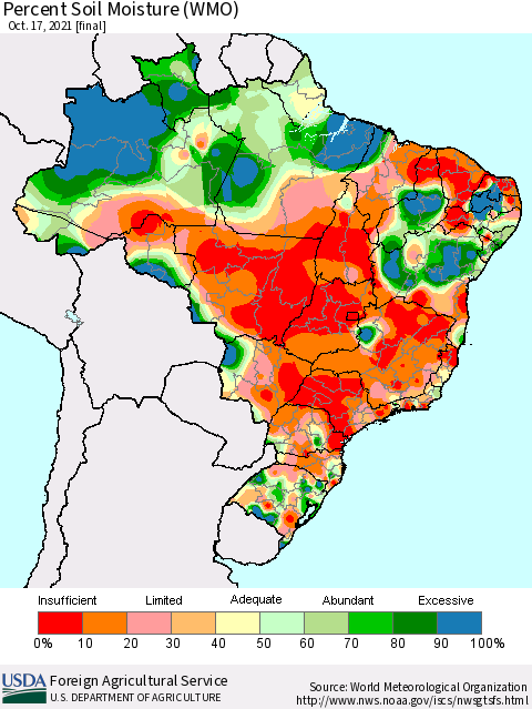 Brazil Percent Soil Moisture (WMO) Thematic Map For 10/11/2021 - 10/17/2021