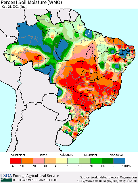 Brazil Percent Soil Moisture (WMO) Thematic Map For 10/18/2021 - 10/24/2021