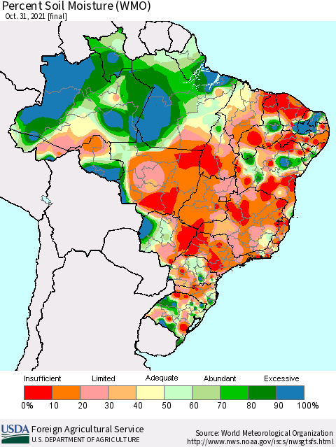 Brazil Percent Soil Moisture (WMO) Thematic Map For 10/25/2021 - 10/31/2021