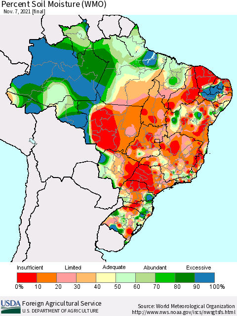 Brazil Percent Soil Moisture (WMO) Thematic Map For 11/1/2021 - 11/7/2021