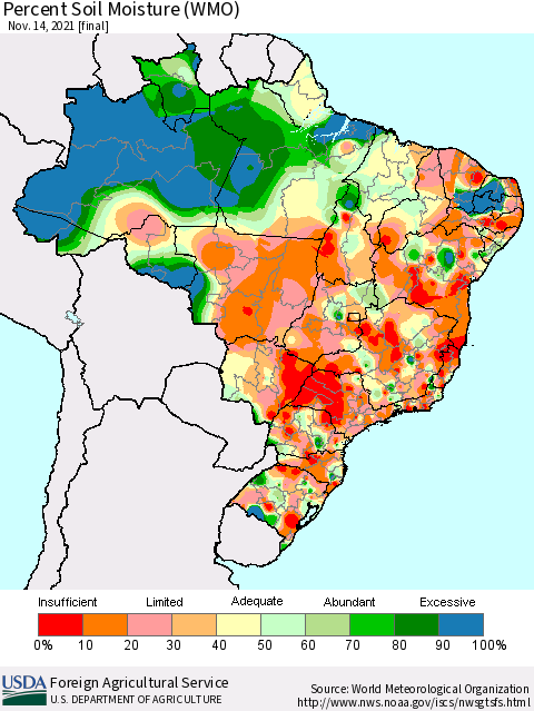 Brazil Percent Soil Moisture (WMO) Thematic Map For 11/8/2021 - 11/14/2021