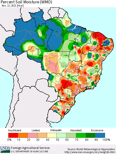 Brazil Percent Soil Moisture (WMO) Thematic Map For 11/15/2021 - 11/21/2021