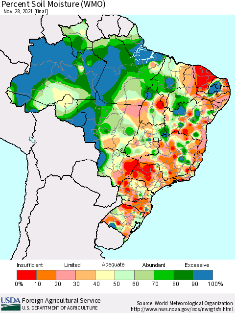Brazil Percent Soil Moisture (WMO) Thematic Map For 11/22/2021 - 11/28/2021