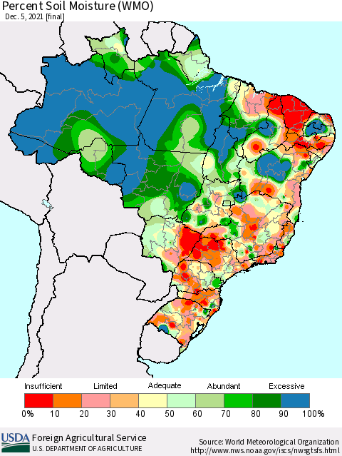 Brazil Percent Soil Moisture (WMO) Thematic Map For 11/29/2021 - 12/5/2021