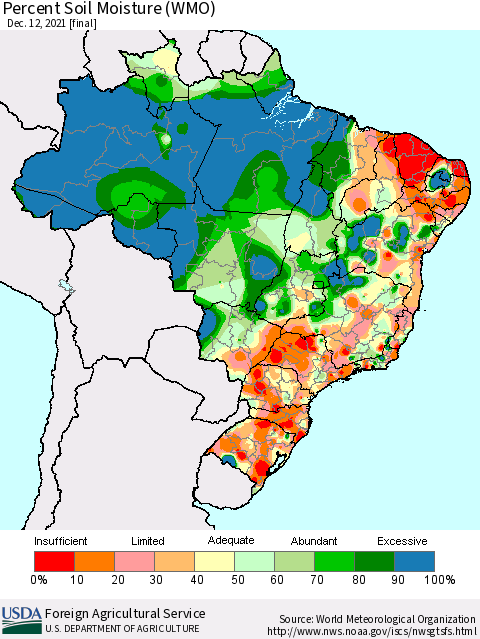 Brazil Percent Soil Moisture (WMO) Thematic Map For 12/6/2021 - 12/12/2021