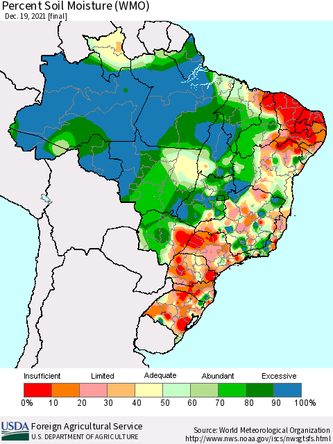 Brazil Percent Soil Moisture (WMO) Thematic Map For 12/13/2021 - 12/19/2021