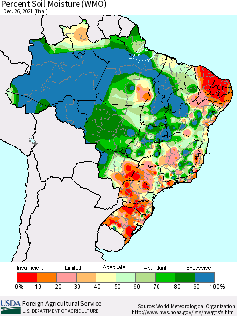 Brazil Percent Soil Moisture (WMO) Thematic Map For 12/20/2021 - 12/26/2021