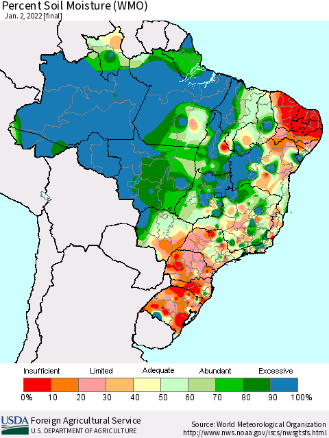 Brazil Percent Soil Moisture (WMO) Thematic Map For 12/27/2021 - 1/2/2022