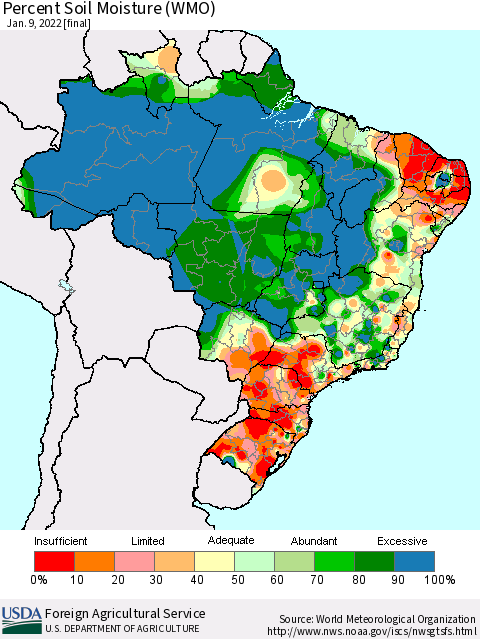 Brazil Percent Soil Moisture (WMO) Thematic Map For 1/3/2022 - 1/9/2022