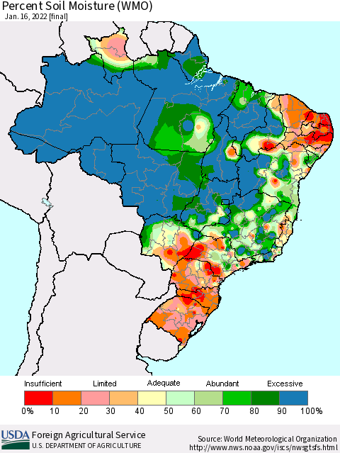 Brazil Percent Soil Moisture (WMO) Thematic Map For 1/10/2022 - 1/16/2022