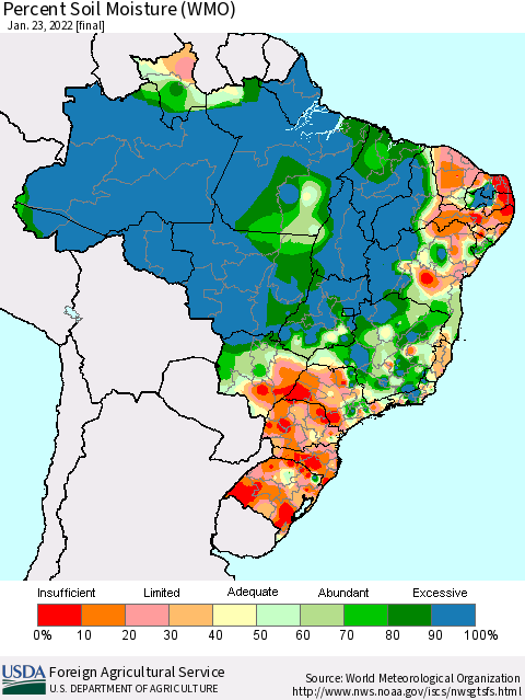 Brazil Percent Soil Moisture (WMO) Thematic Map For 1/17/2022 - 1/23/2022