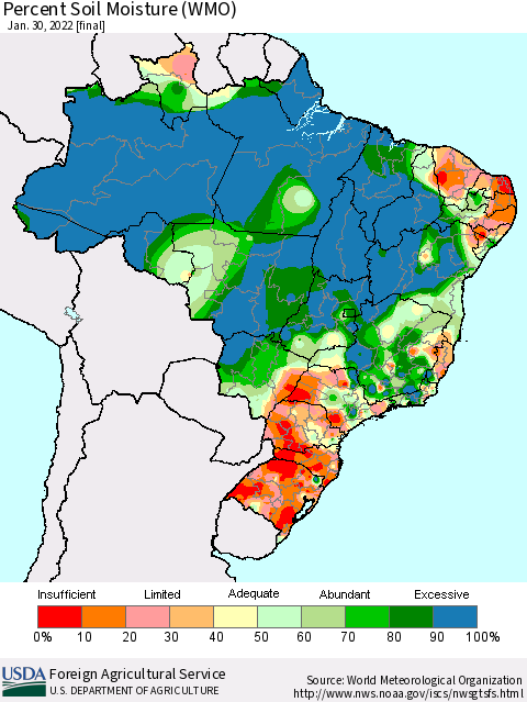 Brazil Percent Soil Moisture (WMO) Thematic Map For 1/24/2022 - 1/30/2022