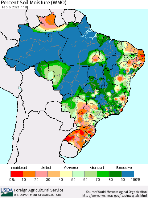 Brazil Percent Soil Moisture (WMO) Thematic Map For 1/31/2022 - 2/6/2022