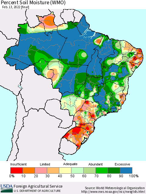 Brazil Percent Soil Moisture (WMO) Thematic Map For 2/7/2022 - 2/13/2022