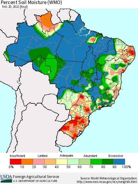 Brazil Percent Soil Moisture (WMO) Thematic Map For 2/14/2022 - 2/20/2022