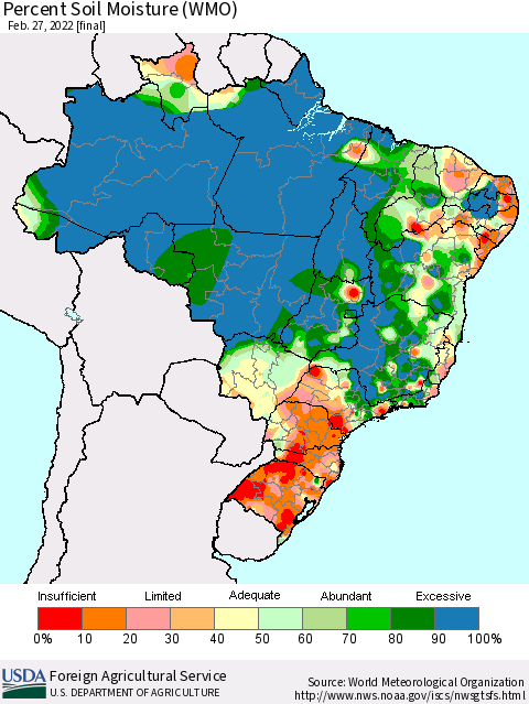 Brazil Percent Soil Moisture (WMO) Thematic Map For 2/21/2022 - 2/27/2022