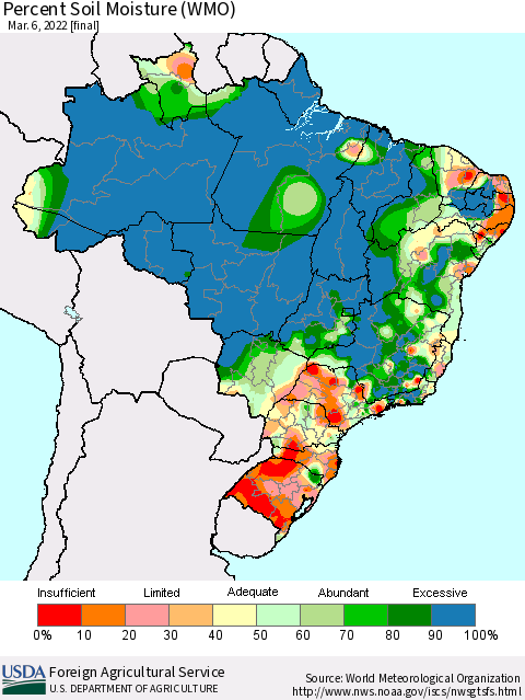 Brazil Percent Soil Moisture (WMO) Thematic Map For 2/28/2022 - 3/6/2022
