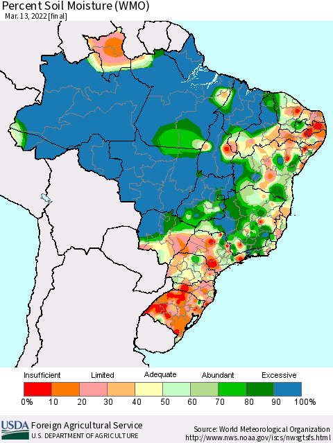 Brazil Percent Soil Moisture (WMO) Thematic Map For 3/7/2022 - 3/13/2022