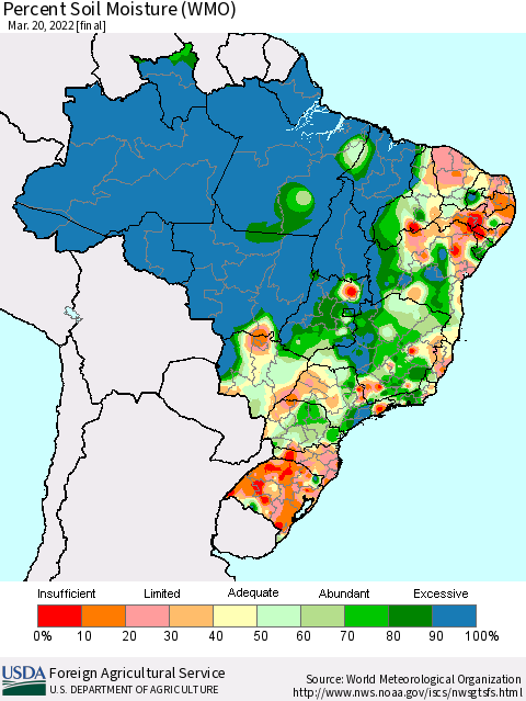 Brazil Percent Soil Moisture (WMO) Thematic Map For 3/14/2022 - 3/20/2022