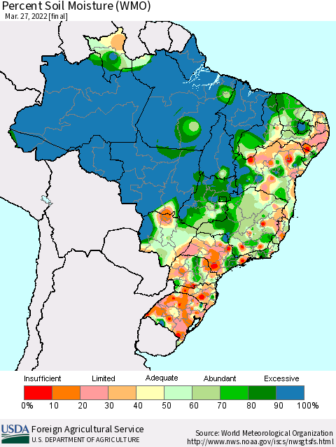 Brazil Percent Soil Moisture (WMO) Thematic Map For 3/21/2022 - 3/27/2022