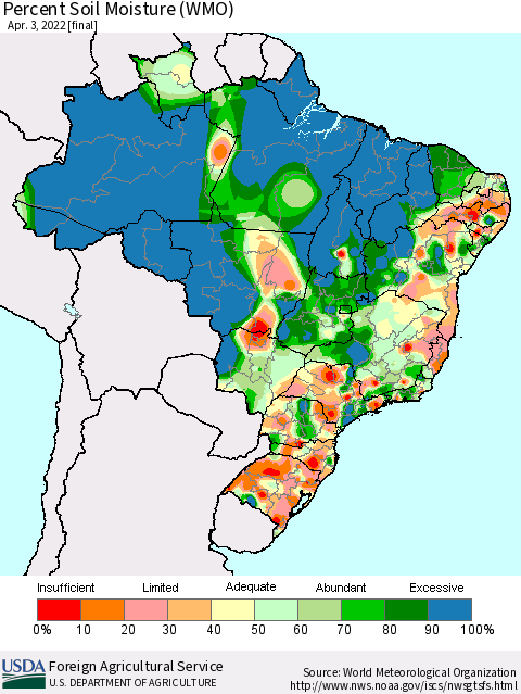 Brazil Percent Soil Moisture (WMO) Thematic Map For 3/28/2022 - 4/3/2022