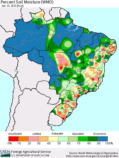 Brazil Percent Soil Moisture (WMO) Thematic Map For 4/4/2022 - 4/10/2022