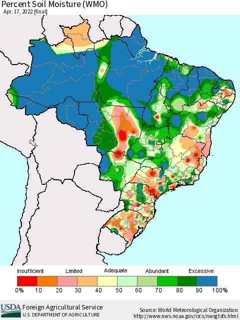 Brazil Percent Soil Moisture (WMO) Thematic Map For 4/11/2022 - 4/17/2022