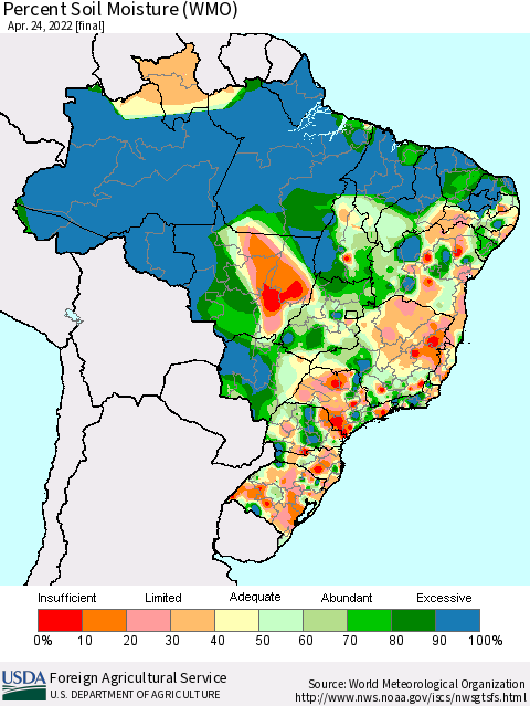 Brazil Percent Soil Moisture (WMO) Thematic Map For 4/18/2022 - 4/24/2022