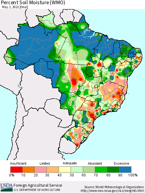 Brazil Percent Soil Moisture (WMO) Thematic Map For 4/25/2022 - 5/1/2022