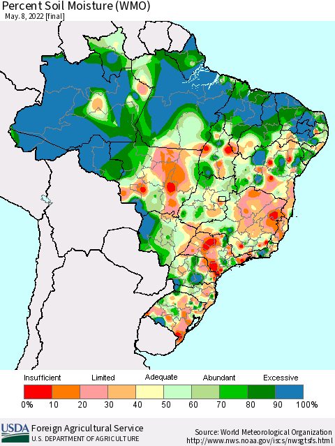 Brazil Percent Soil Moisture (WMO) Thematic Map For 5/2/2022 - 5/8/2022