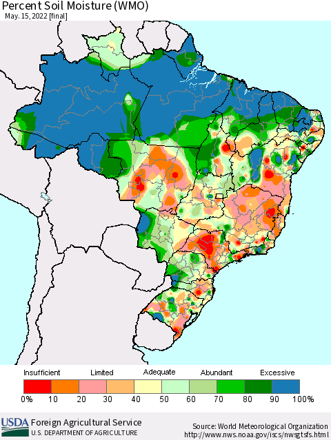 Brazil Percent Soil Moisture (WMO) Thematic Map For 5/9/2022 - 5/15/2022