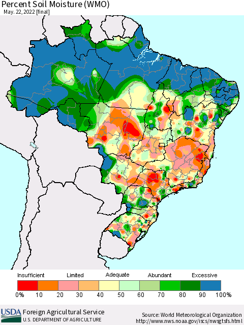 Brazil Percent Soil Moisture (WMO) Thematic Map For 5/16/2022 - 5/22/2022