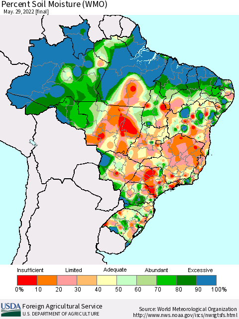 Brazil Percent Soil Moisture (WMO) Thematic Map For 5/23/2022 - 5/29/2022