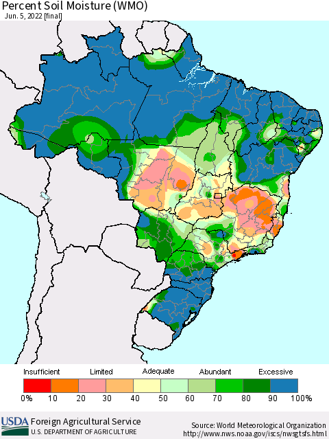Brazil Percent Soil Moisture (WMO) Thematic Map For 5/30/2022 - 6/5/2022