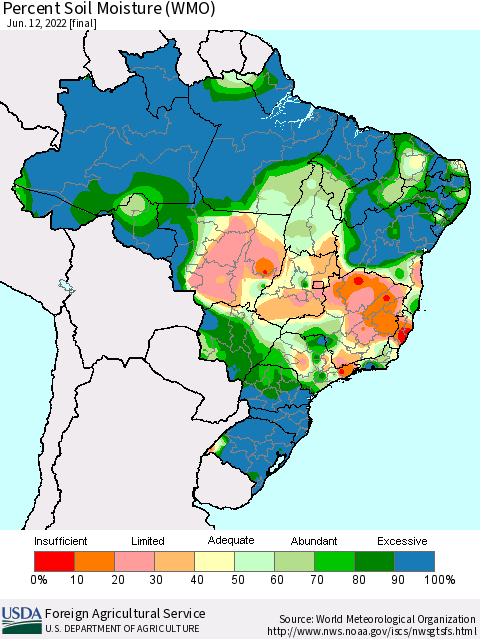 Brazil Percent Soil Moisture (WMO) Thematic Map For 6/6/2022 - 6/12/2022