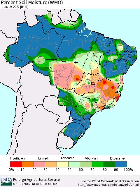 Brazil Percent Soil Moisture (WMO) Thematic Map For 6/13/2022 - 6/19/2022