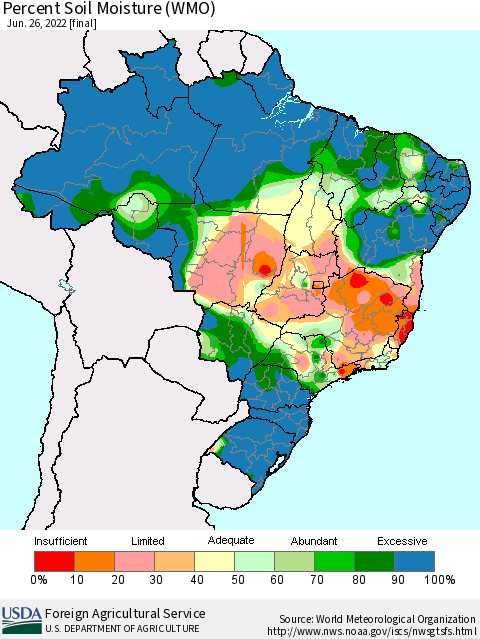 Brazil Percent Soil Moisture (WMO) Thematic Map For 6/20/2022 - 6/26/2022