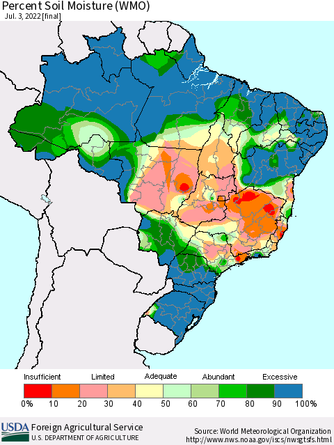 Brazil Percent Soil Moisture (WMO) Thematic Map For 6/27/2022 - 7/3/2022
