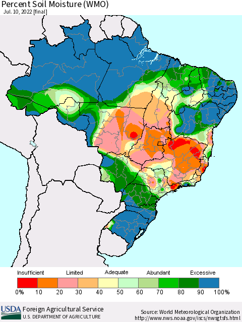 Brazil Percent Soil Moisture (WMO) Thematic Map For 7/4/2022 - 7/10/2022