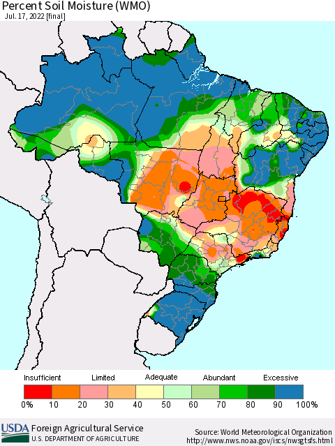 Brazil Percent Soil Moisture (WMO) Thematic Map For 7/11/2022 - 7/17/2022