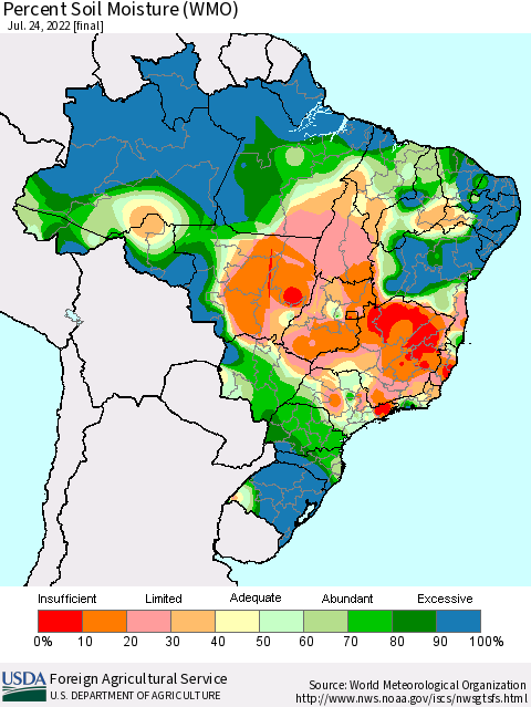 Brazil Percent Soil Moisture (WMO) Thematic Map For 7/18/2022 - 7/24/2022