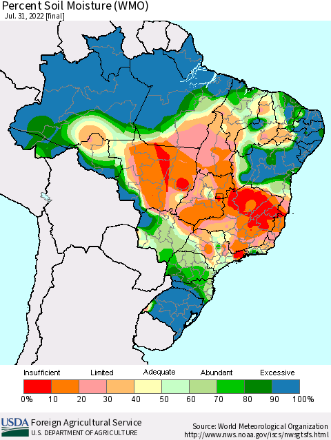 Brazil Percent Soil Moisture (WMO) Thematic Map For 7/25/2022 - 7/31/2022