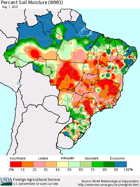 Brazil Percent Soil Moisture (WMO) Thematic Map For 8/1/2022 - 8/7/2022
