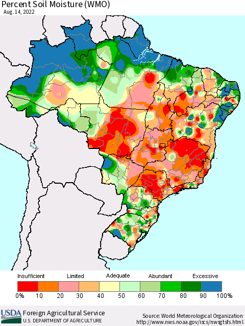 Brazil Percent Soil Moisture (WMO) Thematic Map For 8/8/2022 - 8/14/2022