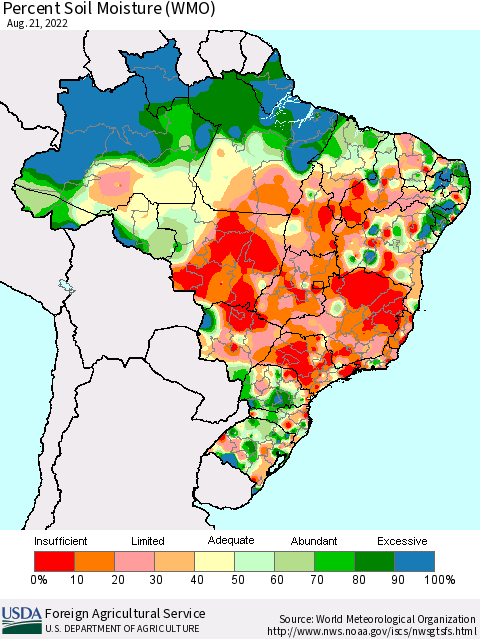 Brazil Percent Soil Moisture (WMO) Thematic Map For 8/15/2022 - 8/21/2022