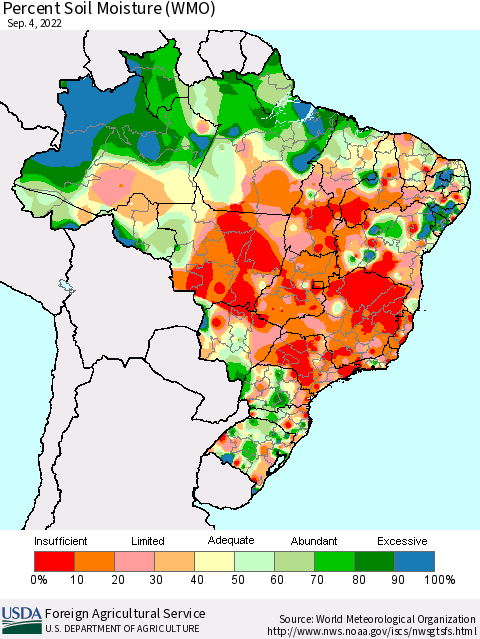 Brazil Percent Soil Moisture (WMO) Thematic Map For 8/29/2022 - 9/4/2022