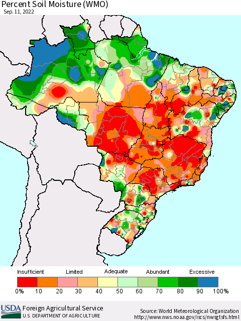 Brazil Percent Soil Moisture (WMO) Thematic Map For 9/5/2022 - 9/11/2022
